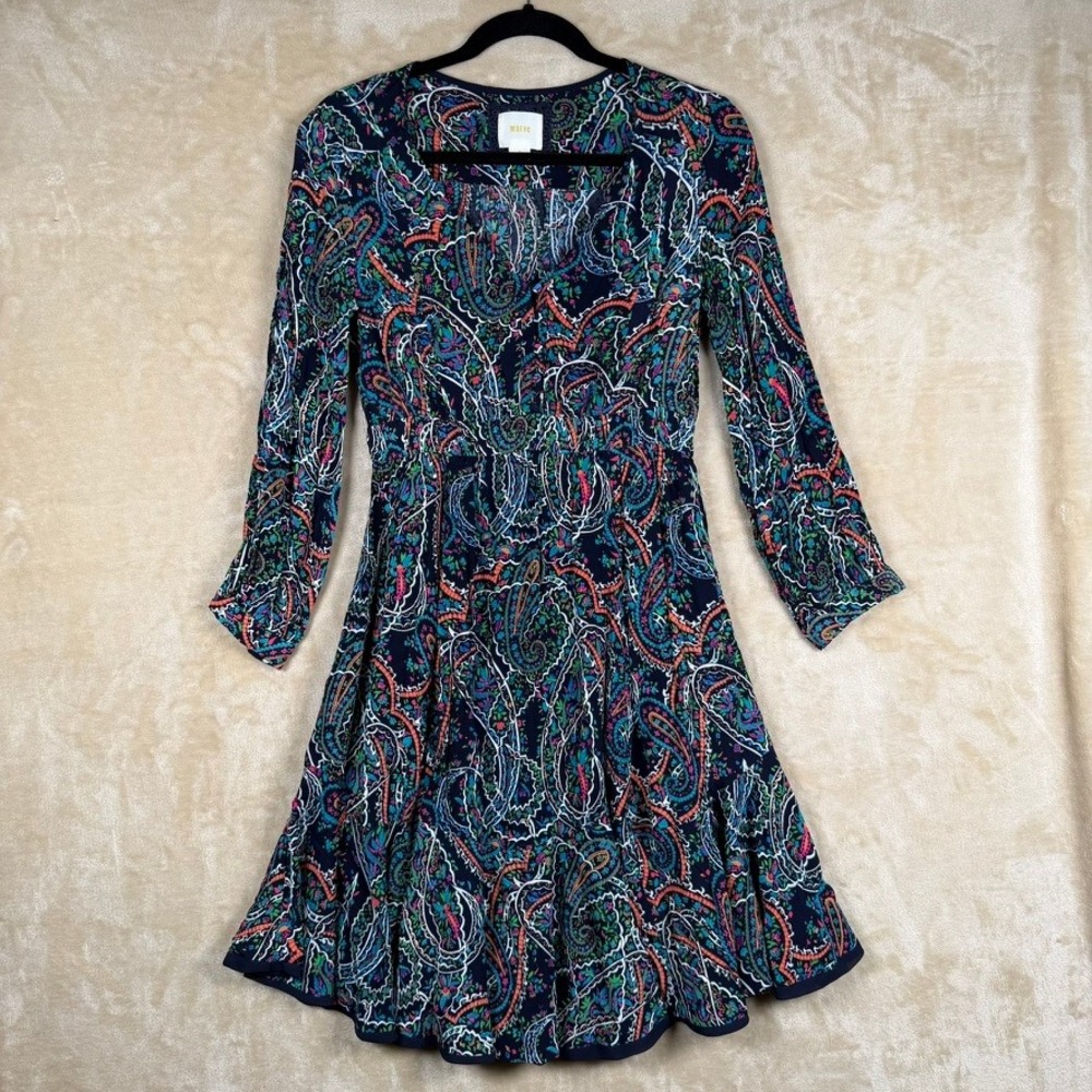 Maeve Anthropologie Paisley Mini Dress Navy Multicolor Long Sleeve V-Neck Size M